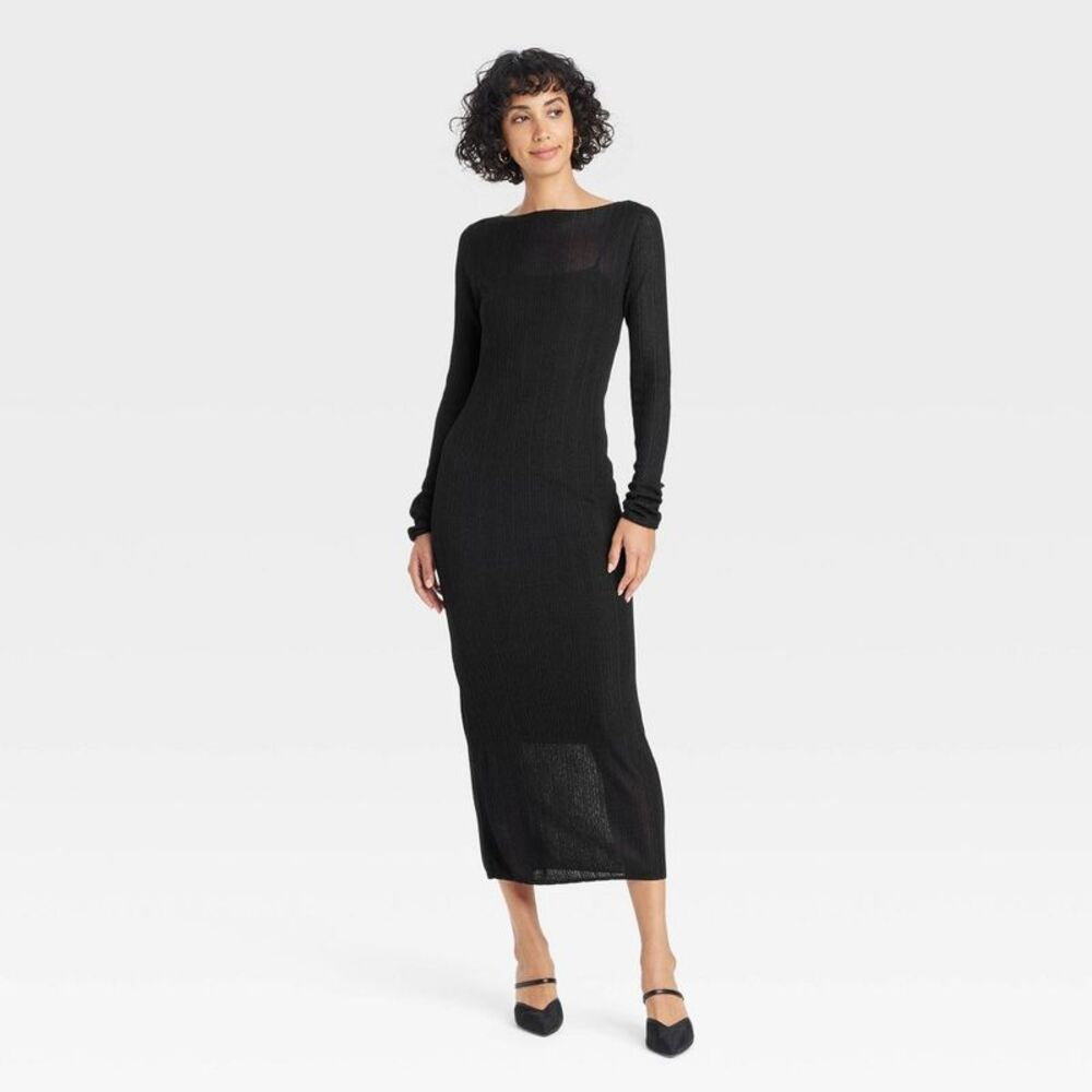 Women's Long Sleeve Sheer Maxi Sweater Dress - A New Day Black XS